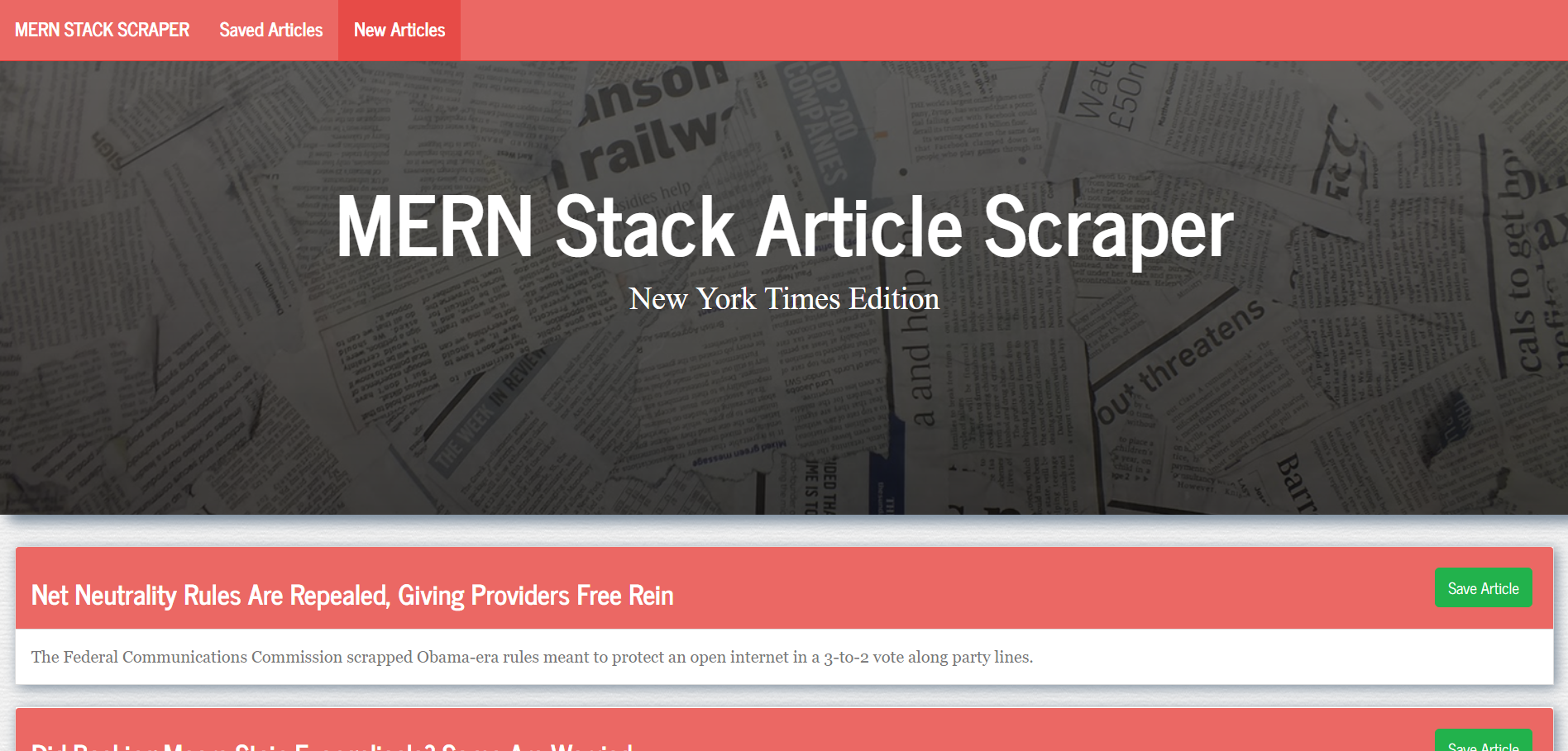 MERN Article Scraper | Web-app that scrapes articles from the New York Times.